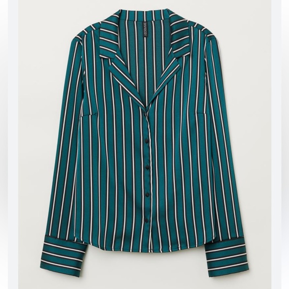 H&M Green White and Black Striped Satin Button Down Blouse - Picture 1 of 3